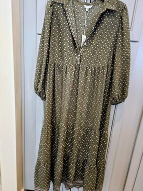 Max Studio Olive Green Polka Dot Long Sleeve Midi Dress